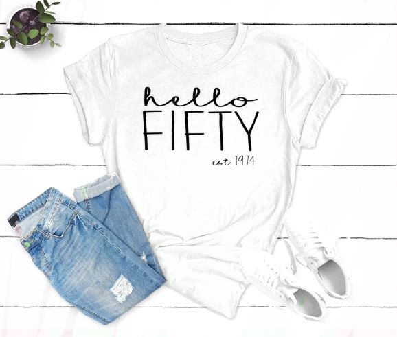 Hello FIFTY Est 1974 Birthday Shirt | 50th Birthday Party T-Shirt Cotton