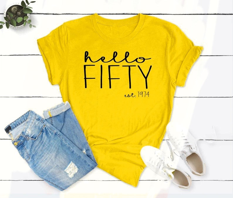 Hello FIFTY Est 1974 Birthday Shirt | 50th Birthday Party T-Shirt Cotton